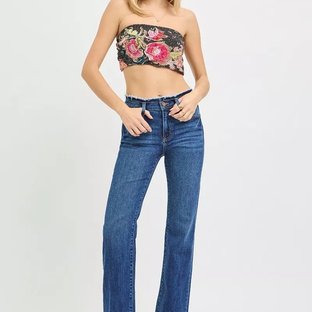 RISEN Full Size Mid Rise Bootcut Frayed Waistband Hem Detail Jeans Plus Size